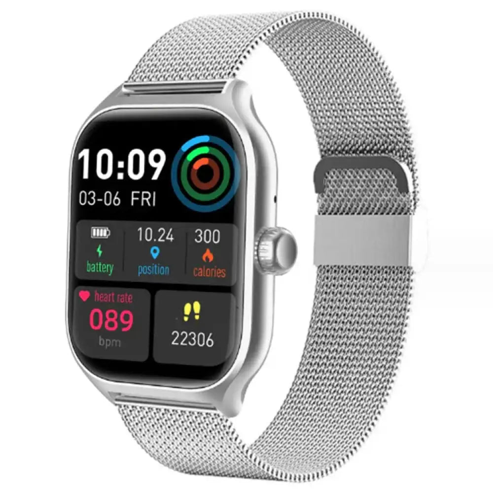 Silver mesh band full touch screen smart watch with heart rate monitor and rectangular screen showing fitness metrics