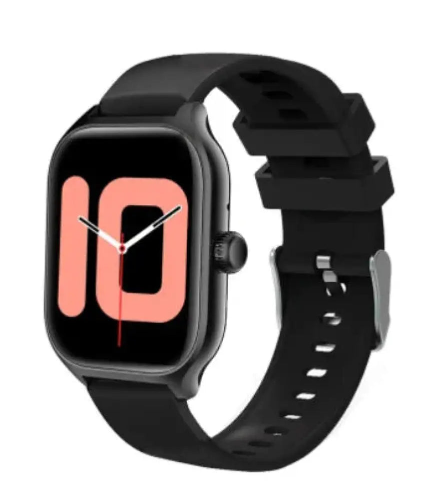 Black full touch screen smart watch with rectangular orange digital display and black silicone strap with heart rate monitor