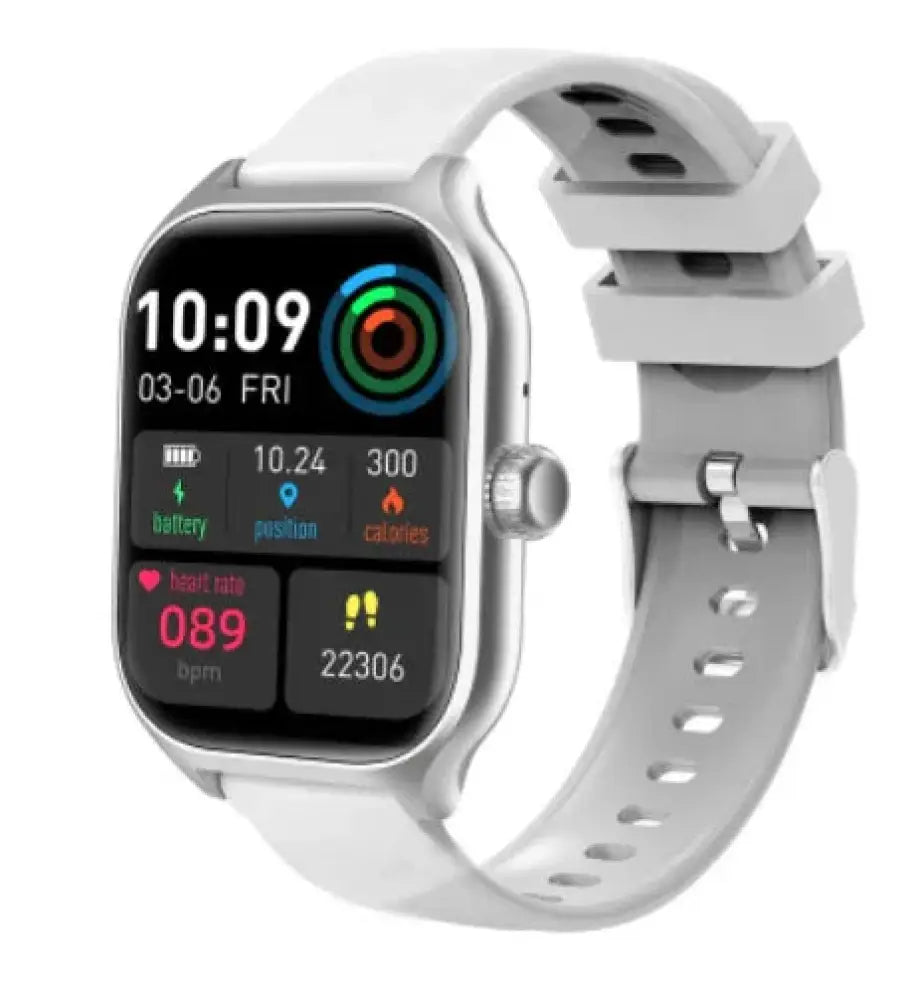 Silver-framed full touch screen smart watch with white silicone strap displaying fitness metrics and heart rate monitor