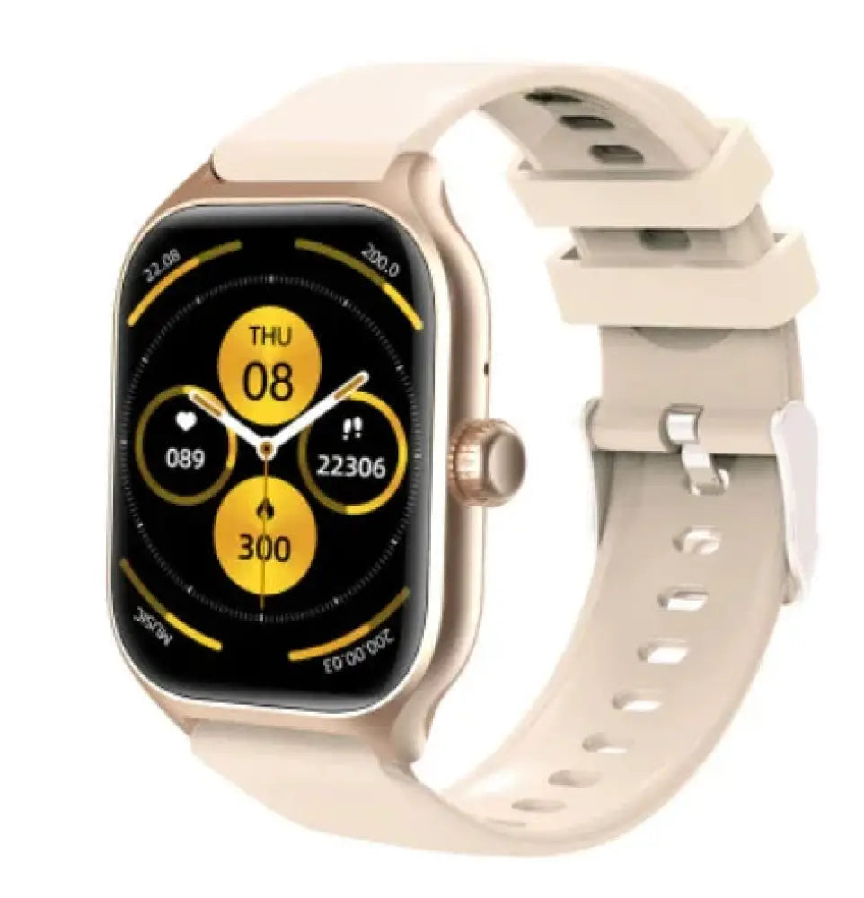 Full touch screen smart watch with heart rate monitor featuring beige silicone strap and gold-tone bezel with yellow watch face