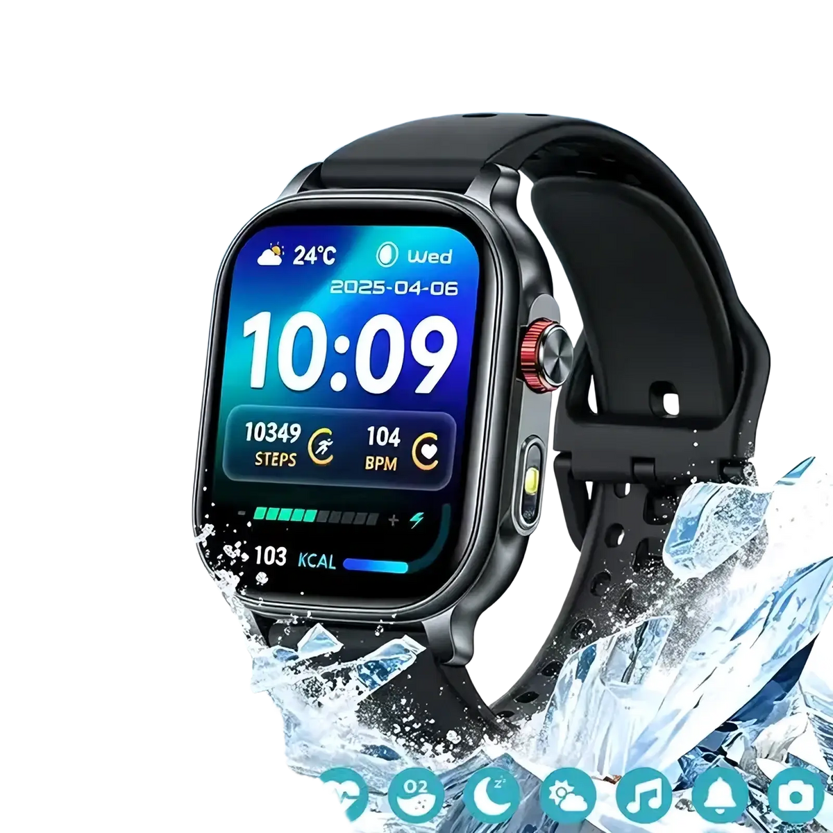 Black bluetooth smartwatch fitness tracker with calling featuring a 2.01 inch screen and android ios compatibility logos
