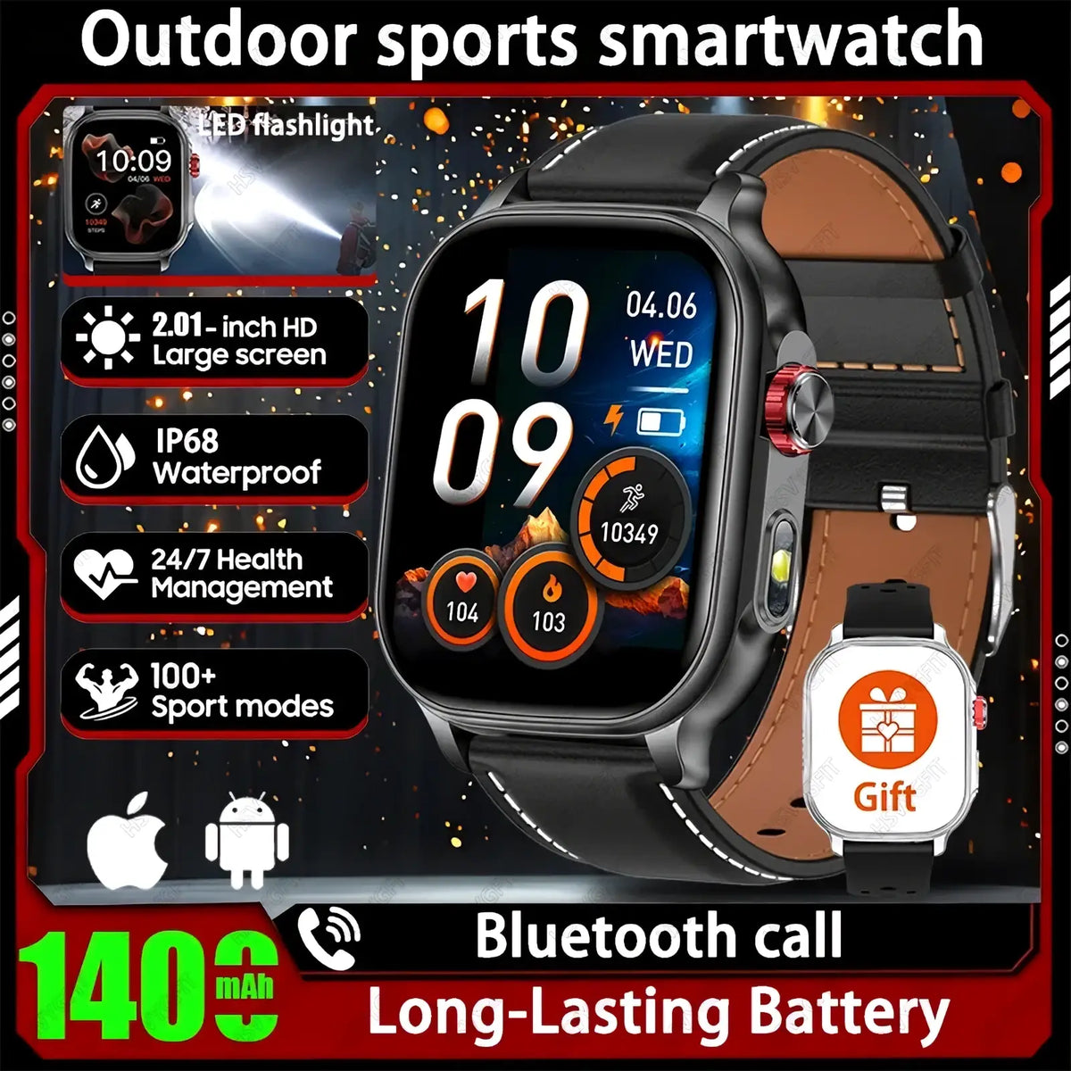 Bluetooth smartwatch fitness tracker with calling featuring black and brown leather straps and a 2.01-inch hd screen