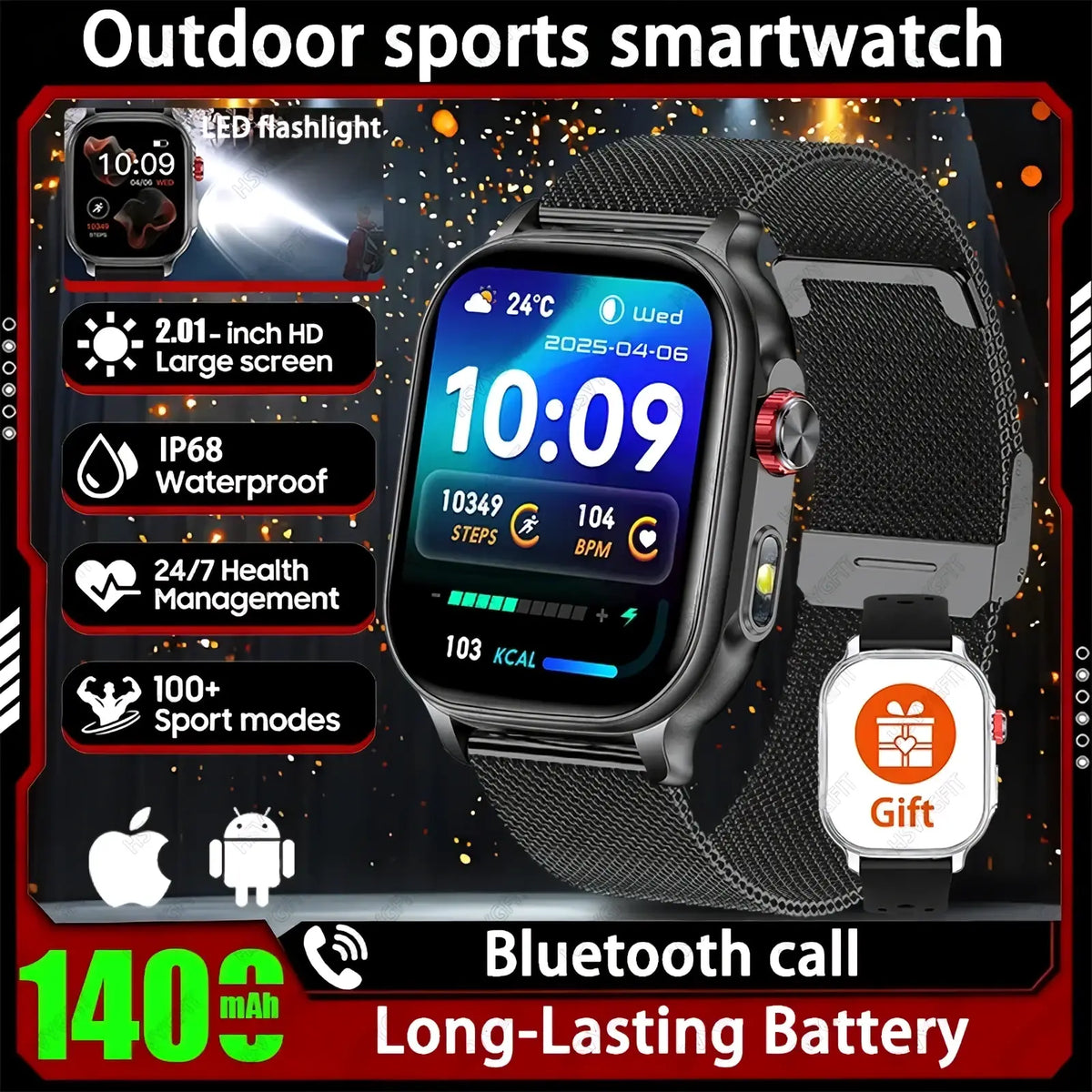 Bluetooth smartwatch fitness tracker with black mesh band metallic case 2.01 inch hd screen and ip68 waterproof rating