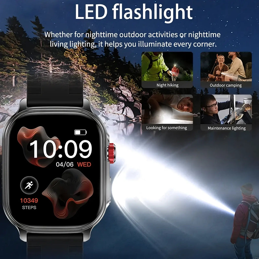 Black bluetooth smartwatch fitness tracker with red side button, digital display showing time, date, steps, and led flashlight