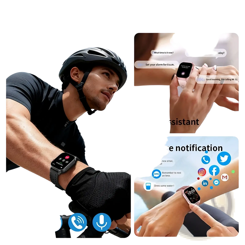Black bluetooth smartwatch fitness tracker with calling feature and sleek rectangular screen worn by cyclist