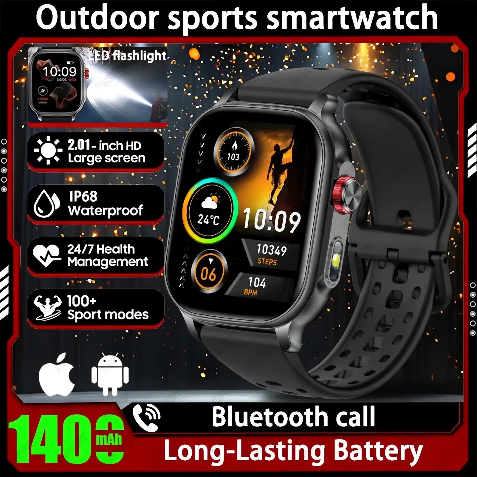Black bluetooth smartwatch fitness tracker with calling featuring 2.01-inch hd screen ip68 waterproof rating and red side button accent