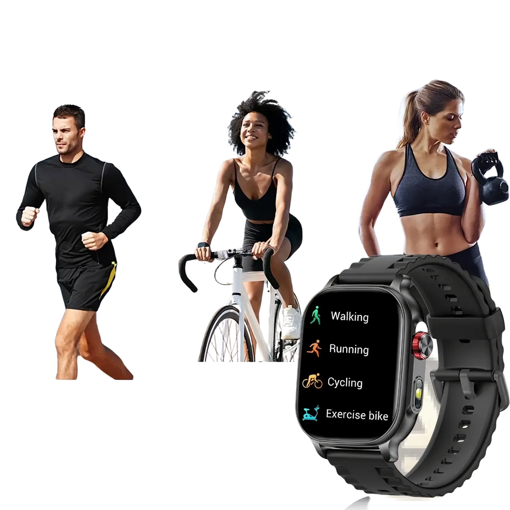 Black Bluetooth smartwatch fitness tracker with calling featuring a textured rubber strap and digital fitness display