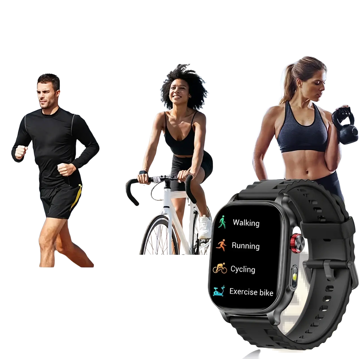 Black Bluetooth smartwatch fitness tracker with calling featuring a textured rubber strap and digital fitness display