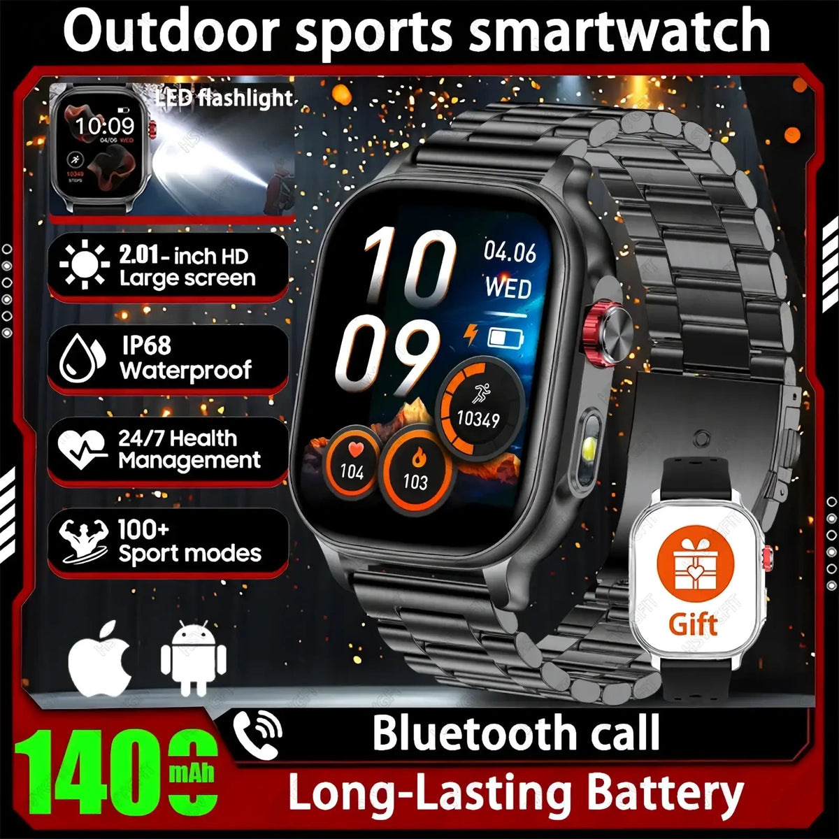 Black metal-link bluetooth smartwatch fitness tracker with 2.01-inch hd screen and ip68 waterproof rating