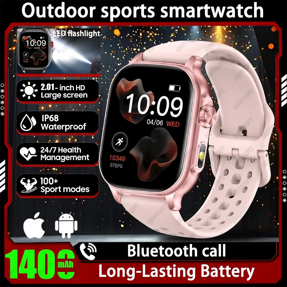 Pink rose-gold bluetooth smartwatch fitness tracker with 2.01-inch hd screen and perforated silicone strap for calling