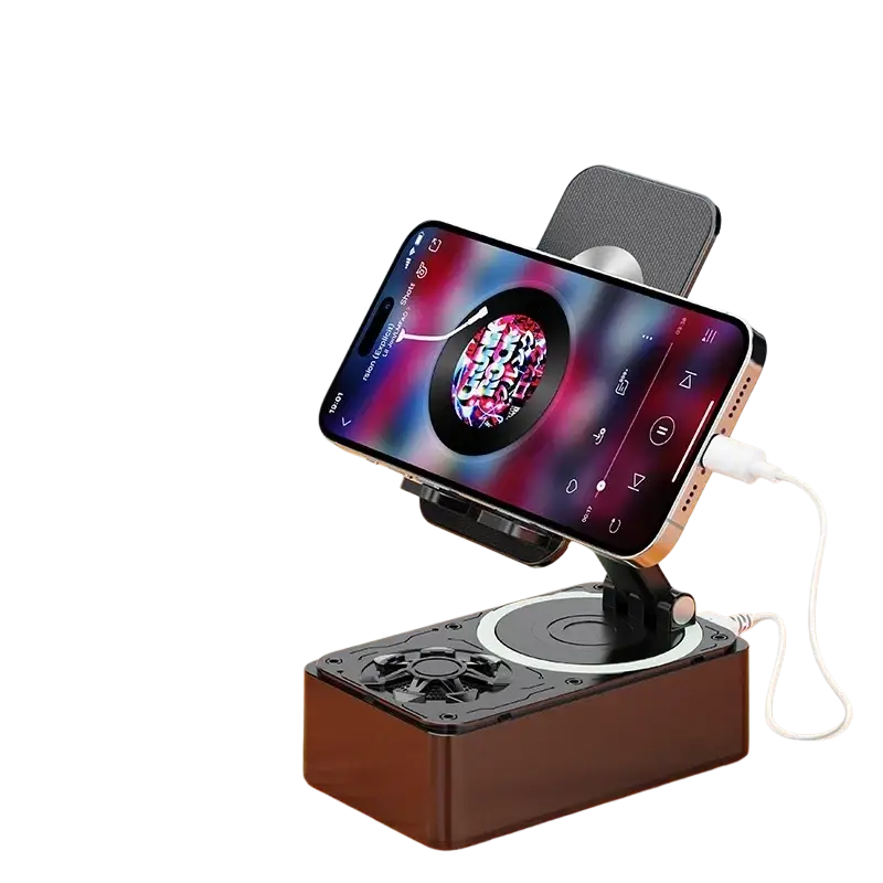 Black rectangular bluetooth speaker phone stand with built-in power bank circular fan grille and adjustable phone cradle