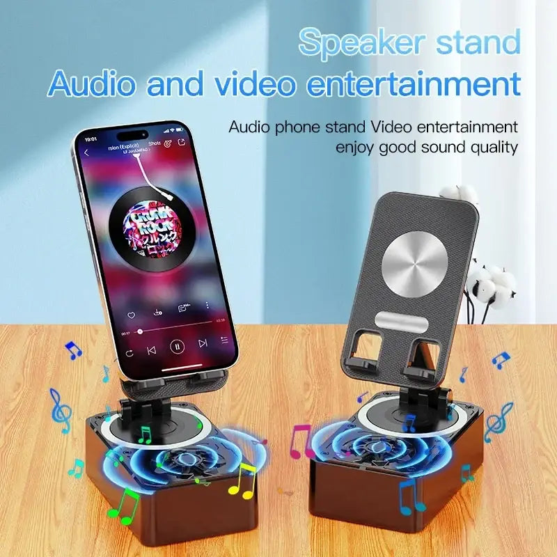 Black and silver bluetooth speaker phone stand with circular magnetic base for cell phone and tablet support