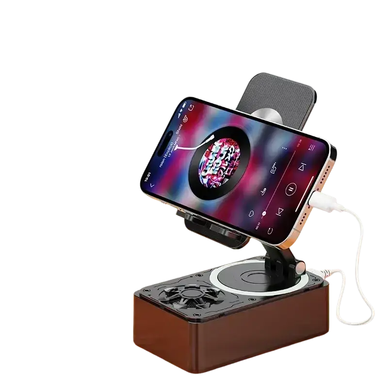 A sleek brown wooden bluetooth speaker phone stand with a black top and circular fan design holding a cell phone