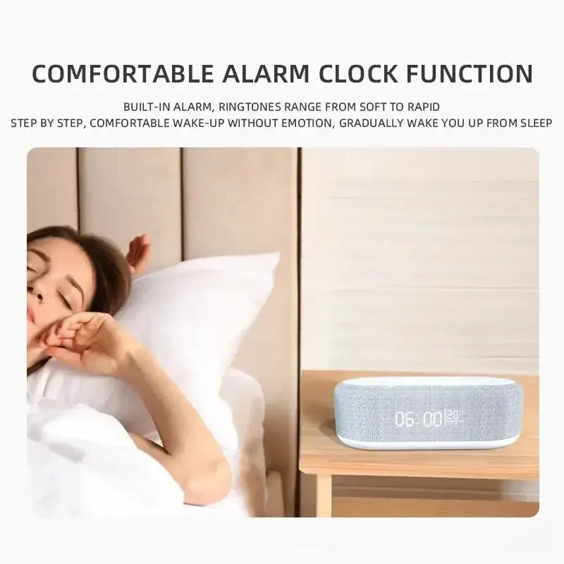 Light gray fabric alarm clock with white digital display featuring wireless charging function and power saving mode