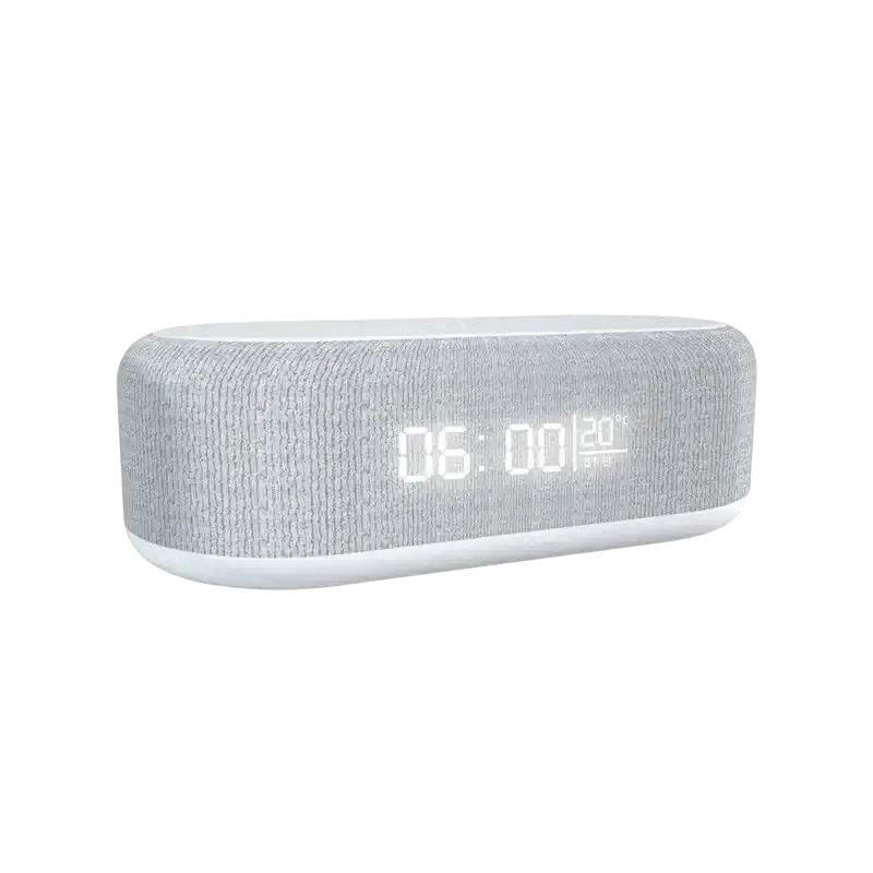 Gray fabric bluetooth speaker with wireless charging function and white digital display showing time and temperature