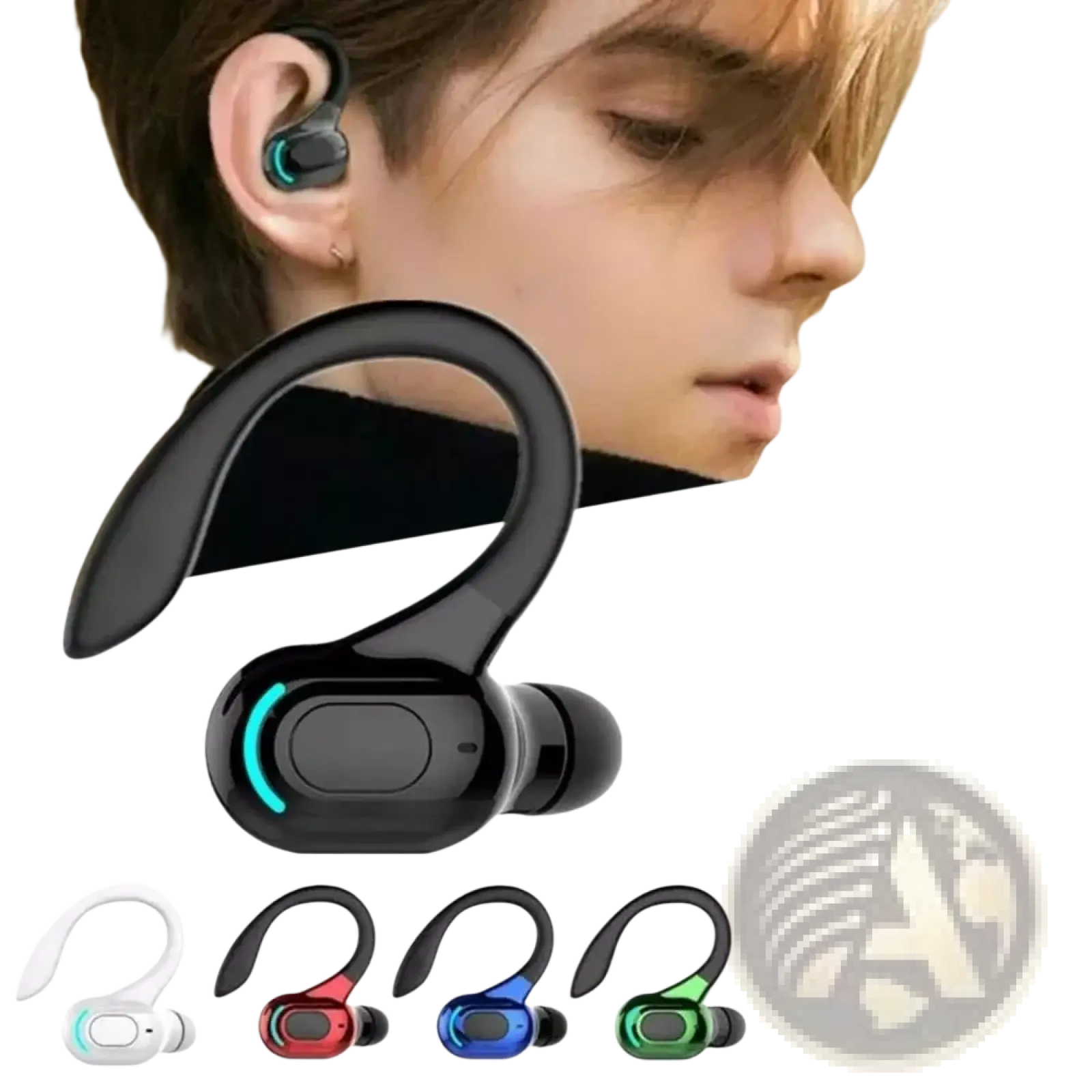 Black Bluetooth sport earhook earbud with sleek curved hook design and glowing teal accent light wireless headphones