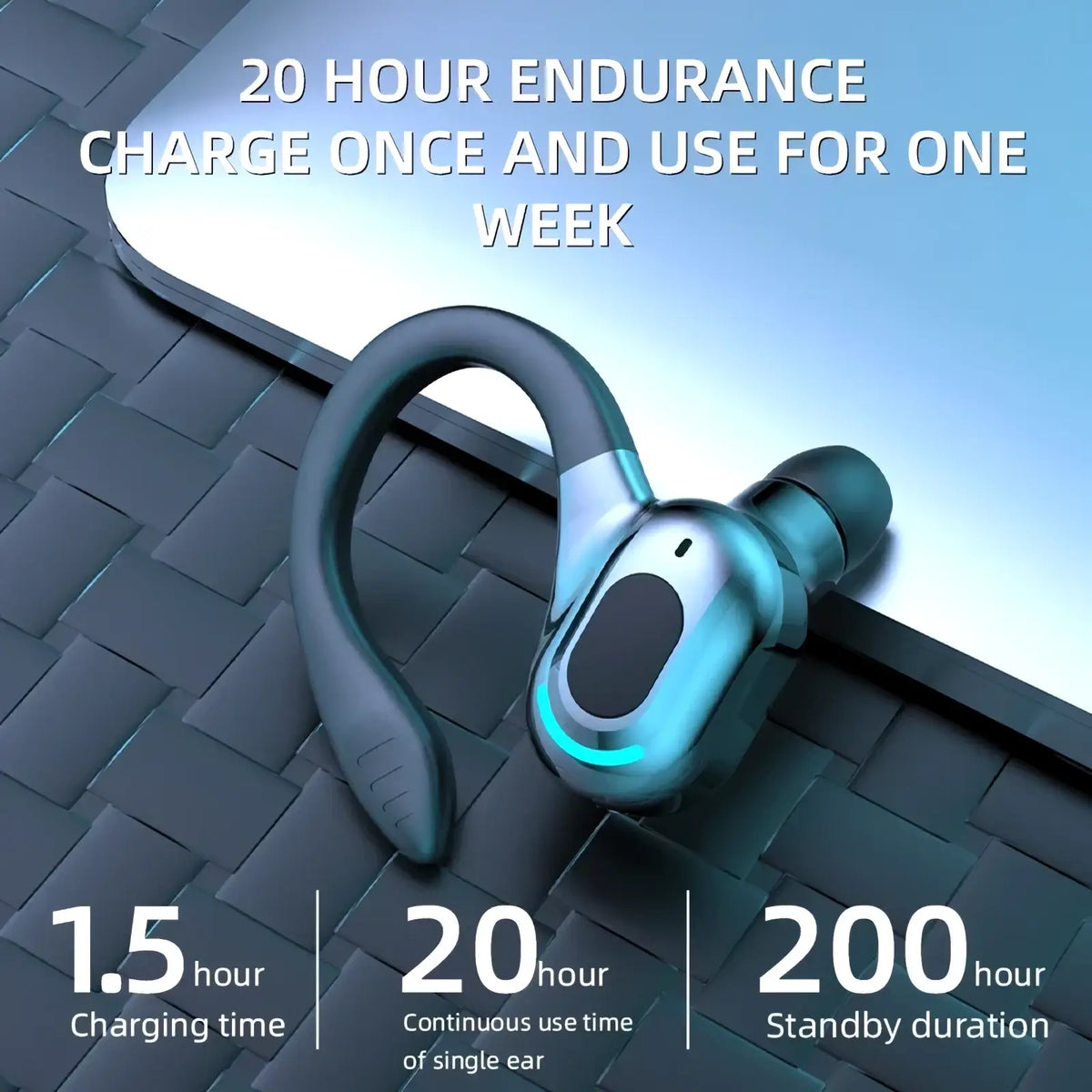 Bluetooth sport earhook earbuds wireless headphones in blue and black with a secure fit hook design