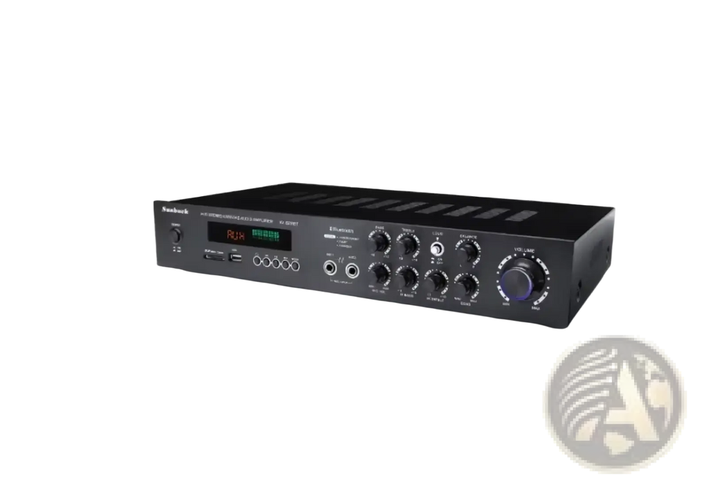 Black rectangular bluetooth stereo audio amplifier with multiple knobs ports and digital display for 5.1 channel high power