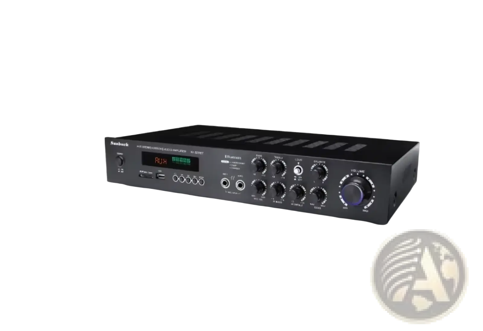 Black rectangular bluetooth stereo audio amplifier with multiple knobs ports and digital display for 5.1 channel high power