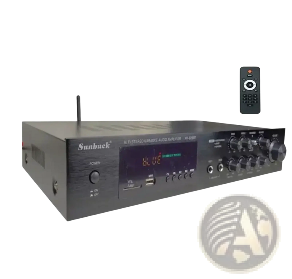 Black sunbuck av-628bt black bluetooth stereo audio amplifier with digital display and multiple control knobs