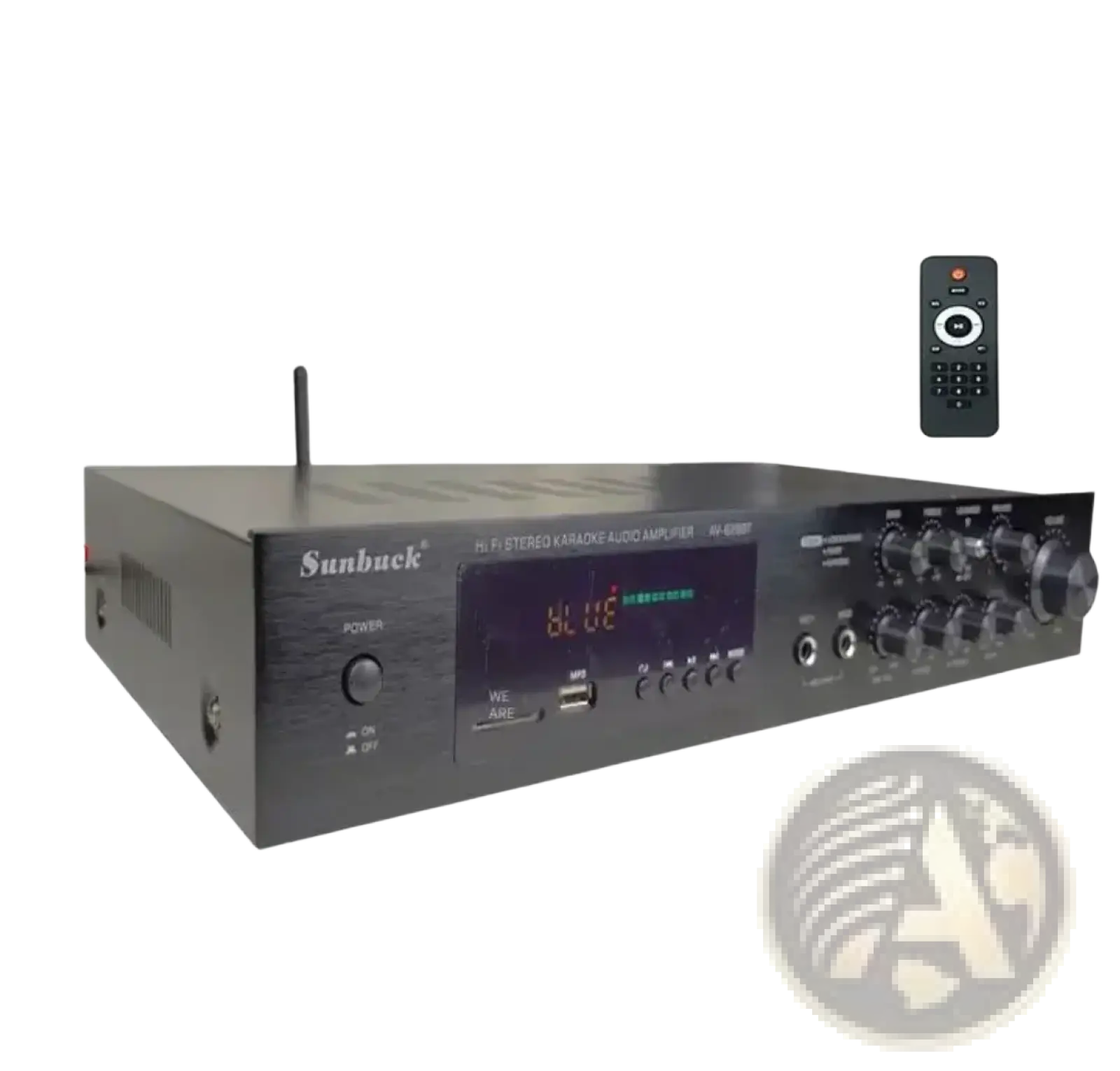 Black sunbuck av-628bt black bluetooth stereo audio amplifier with digital display and multiple control knobs