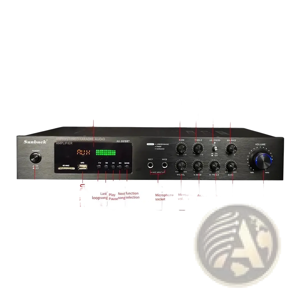 Black sunbuck av-628bt Bluetooth stereo audio amplifier with digital display and multiple control knobs in black finish