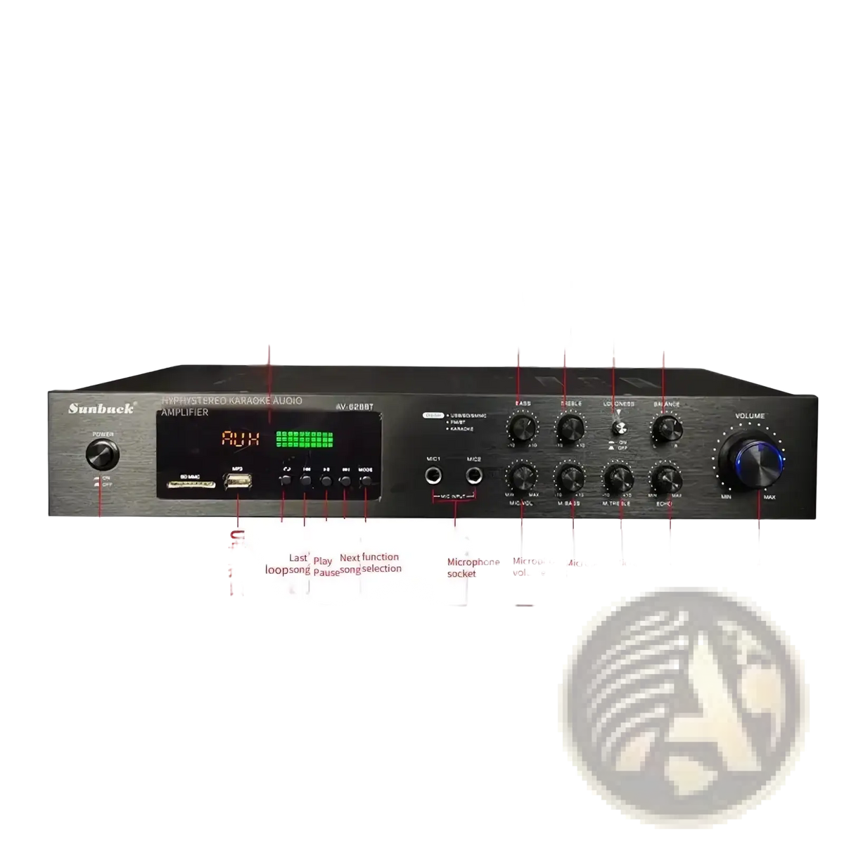 Black sunbuck av-628bt Bluetooth stereo audio amplifier with digital display and multiple control knobs in black finish