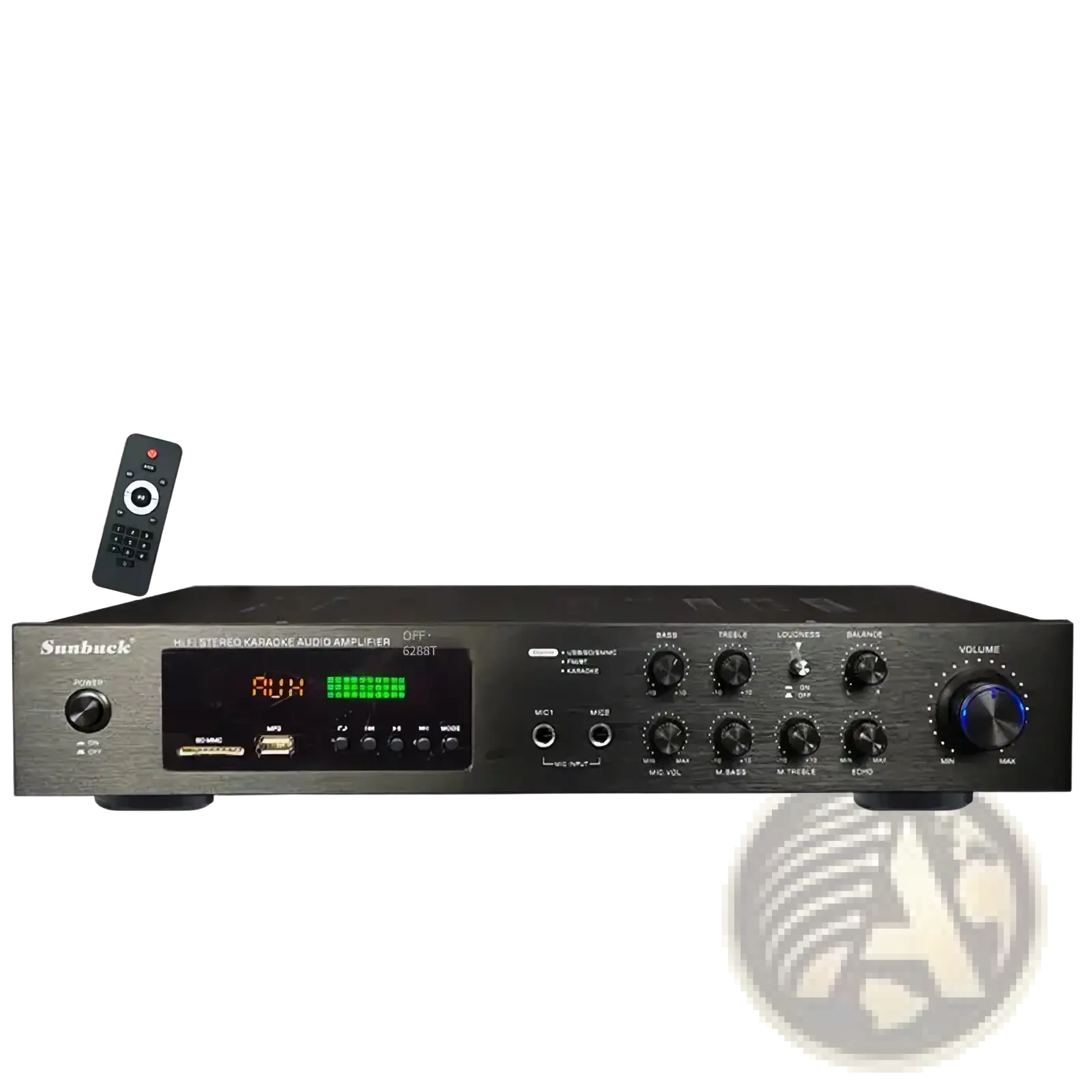 Black sunbuck av-628bt 5.0 bluetooth stereo audio amplifier with brushed metal finish and green digital display