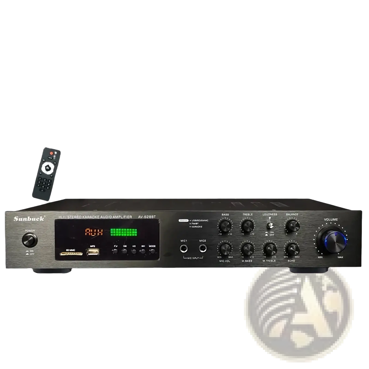 Black sunbuck av-528bt hi-fi stereo karaoke audio amplifier with digital display and multiple control knobs in black chrome finish