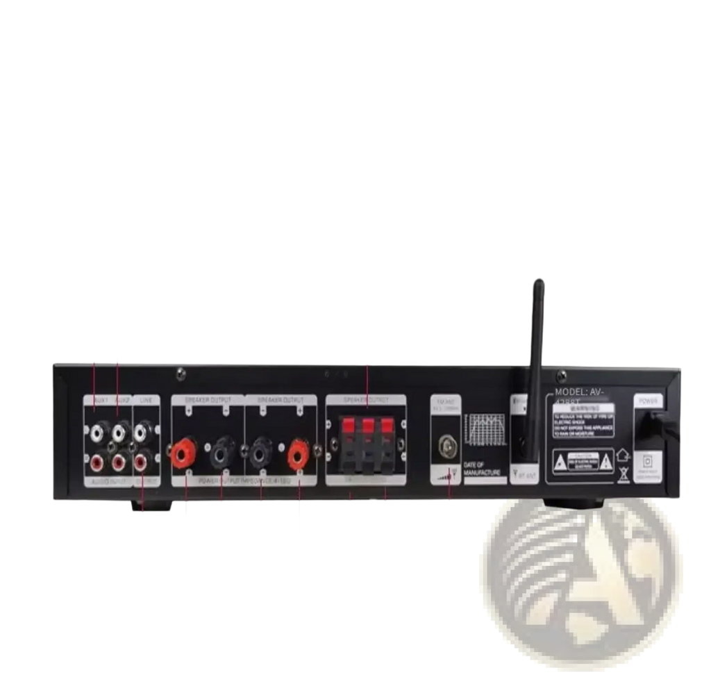 Black sunbuck av-628bt bluetooth stereo audio amplifier 5.1 channel high power showing back side ports and antenna