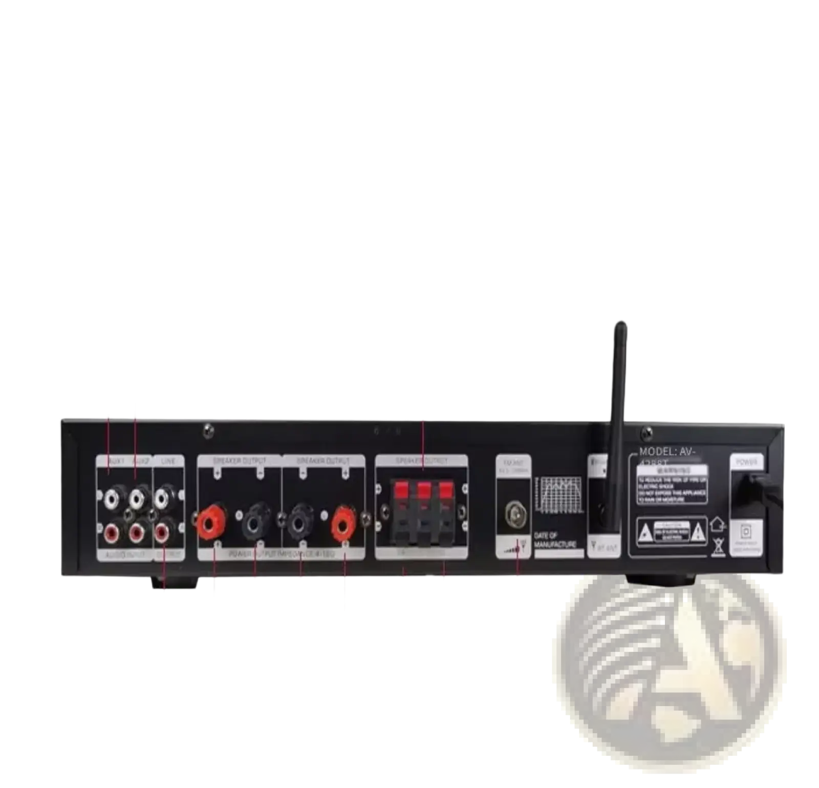Black sunbuck av-628bt bluetooth stereo audio amplifier 5.1 channel high power showing back side ports and antenna