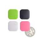 Four square-shaped bluetooth trackers in lime green black white and pink for anti lost gps key finder pack