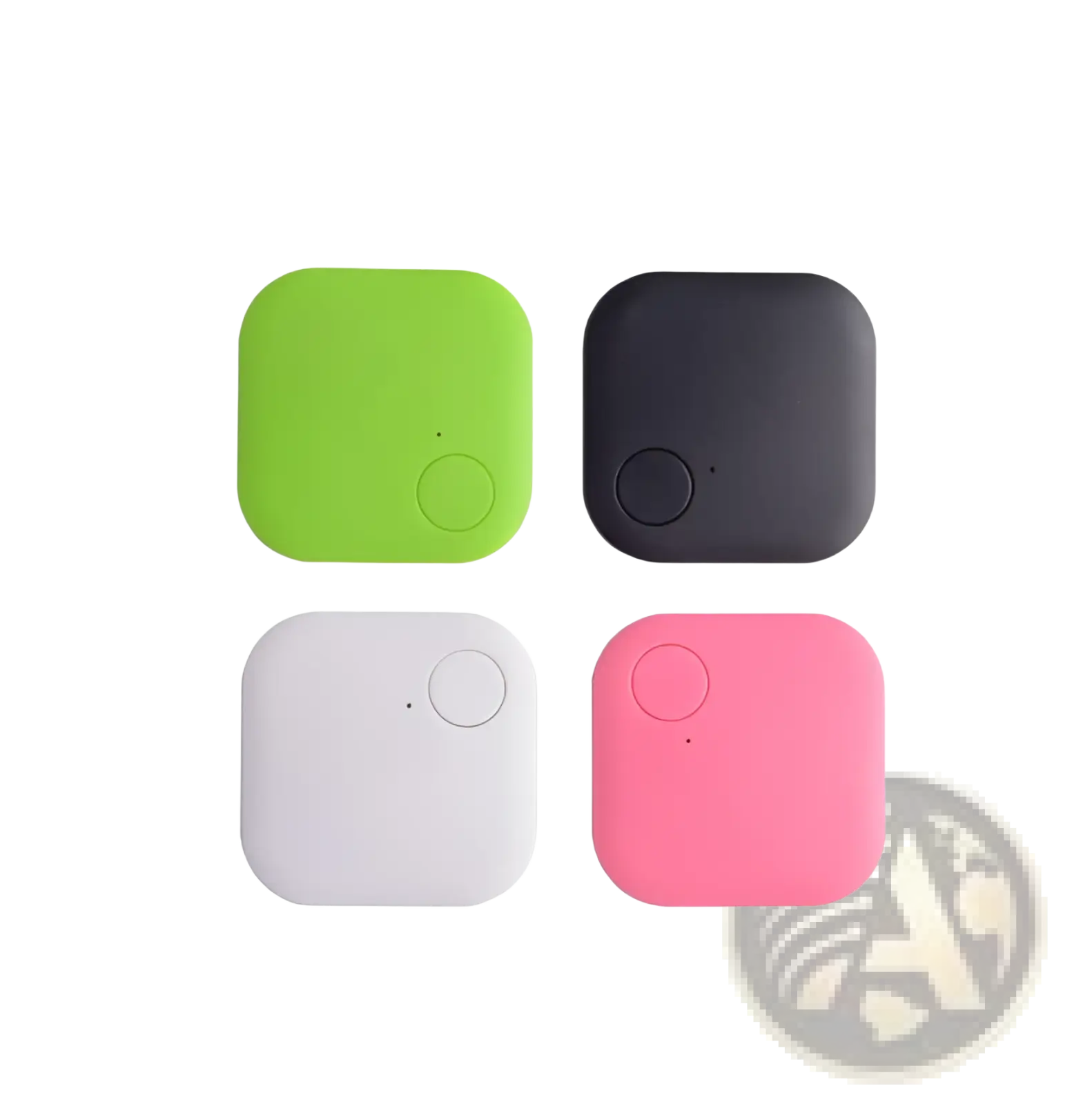 Four square-shaped bluetooth trackers in lime green black white and pink for anti lost gps key finder pack
