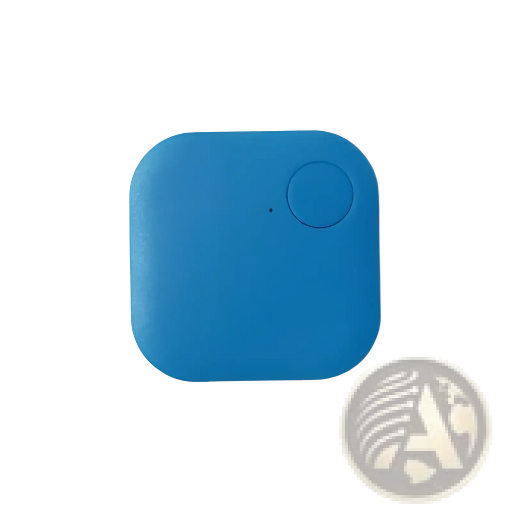 Blue square-shaped bluetooth tracker with rounded corners and circular button in bluetooth tracker 4 pack anti lost gps key finder