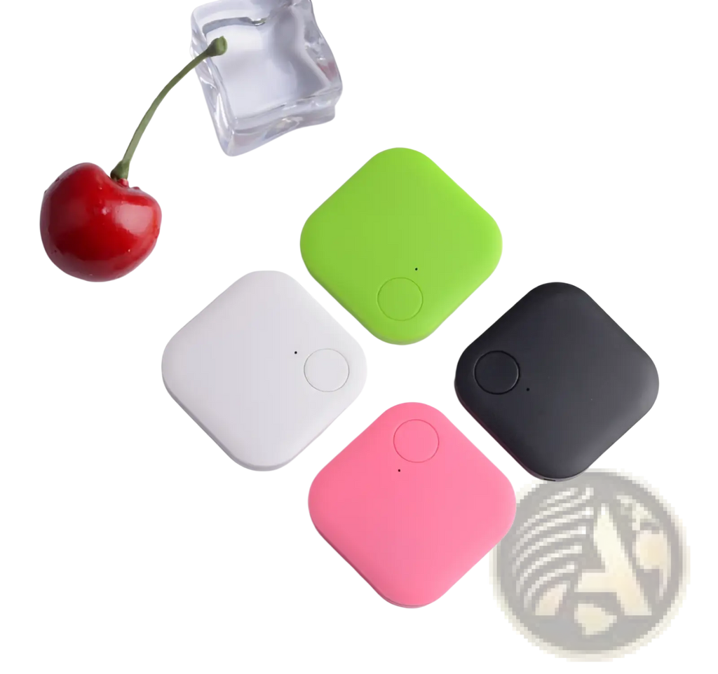 Four square-shaped soft-touch silicone bluetooth trackers in white lime green black and pink with central buttons