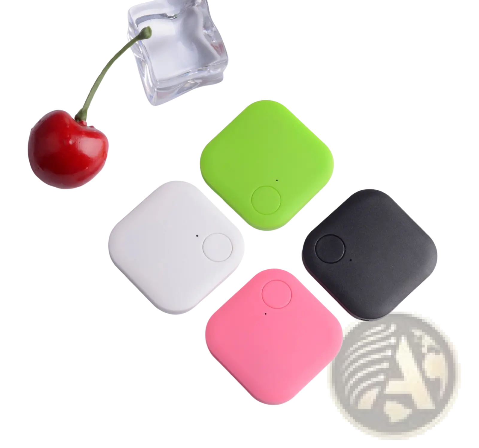 Four square-shaped soft-touch silicone bluetooth trackers in lime green white black and pink with central button for anti lost use