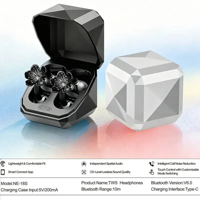 Black diamond-shaped compact bluetooth tws earbuds case with floral patterned earbuds featuring silver earring accents and bluetooth version