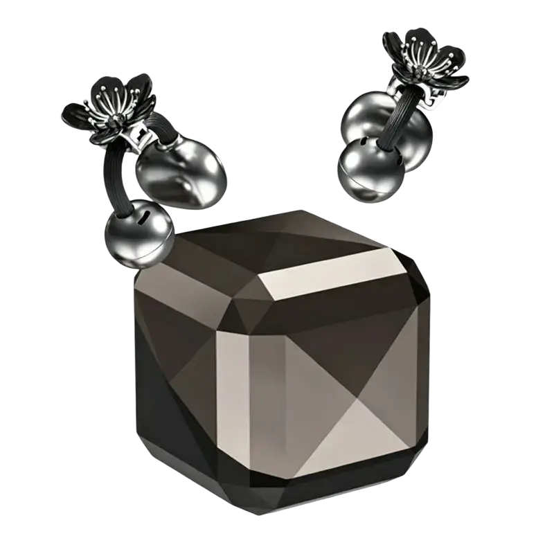 Black faceted crystal bluetooth tws earbuds with silver-toned floral earring accents designed for compact convenience