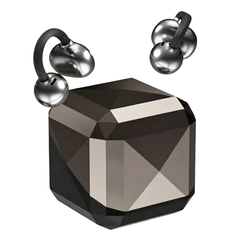 Black faceted gemstone-shaped compact charging case with silver metallic bluetooth tws earbuds featuring convenient accents