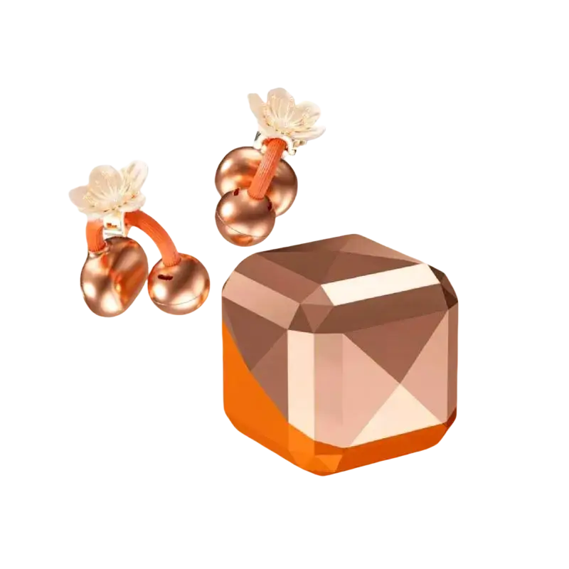 Copper-colored bluetooth tws earbuds with floral earring accents and a compact geometric charging case with bluetooth version