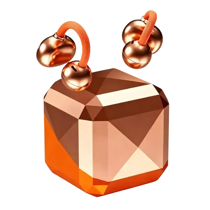 Rose gold faceted gemstone shaped bluetooth tws earbuds with orange silicone earphone hooks and earring accents