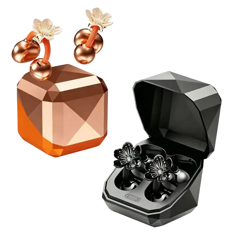 Rose gold bluetooth tws earbuds with floral earring accents and a matching diamond shaped charging case