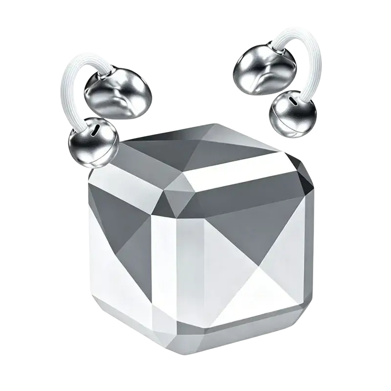 Silver metallic diamond-shaped facial roller with four spherical beads attached by white elastic bands for compact convenient accents Bluetooth tws earbuds with earring accents Bluetooth version
