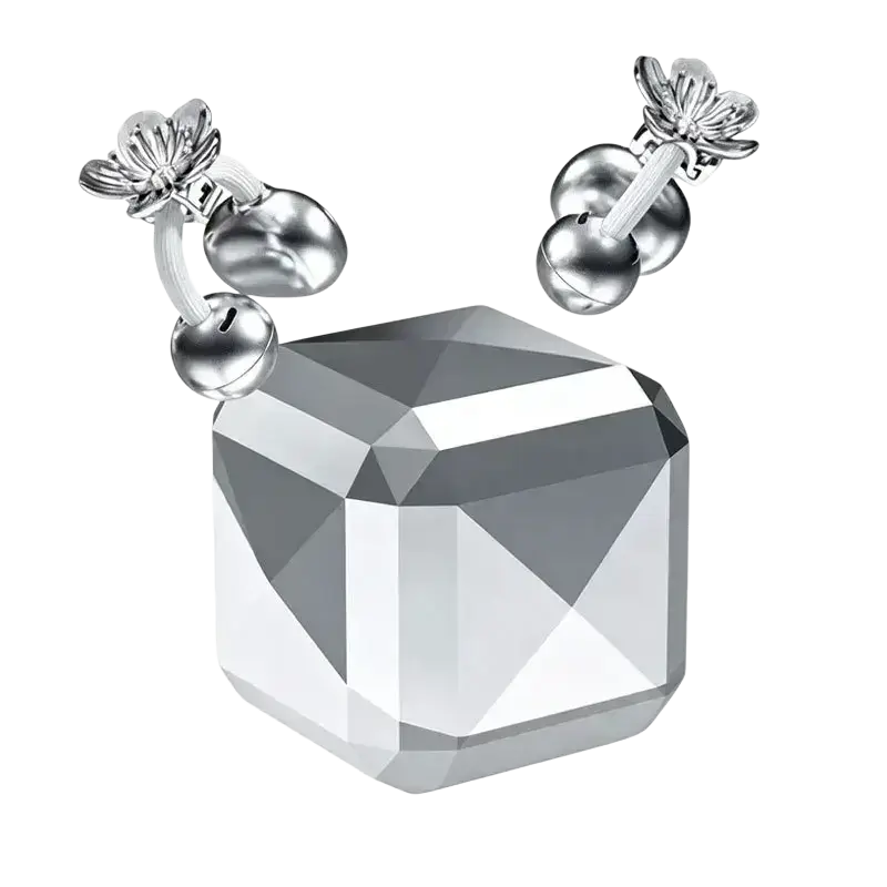 Silver-toned faceted cube-shaped bluetooth tws earbuds with delicate floral ear accents and dangling spherical beads