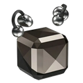 A sleek black faceted gemstone bluetooth tws earbuds centerpiece with two metallic bell charms attached by curved loops