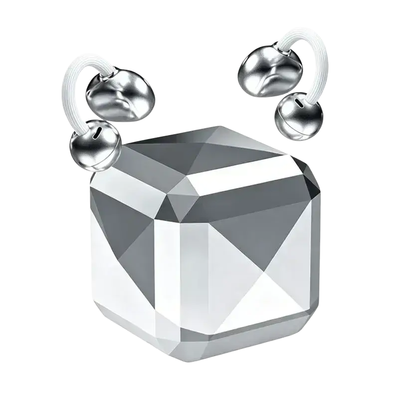 A sleek faceted silver cube-shaped bluetooth tws earbuds with four metallic bells attached by white elastic cords