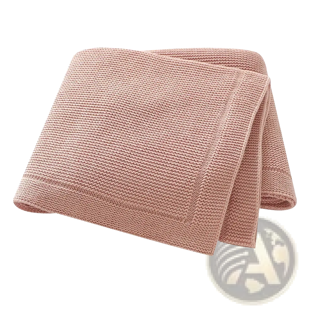 A soft blush pink knitted cotton baby blanket receiving mat with a textured woven pattern and finished edges