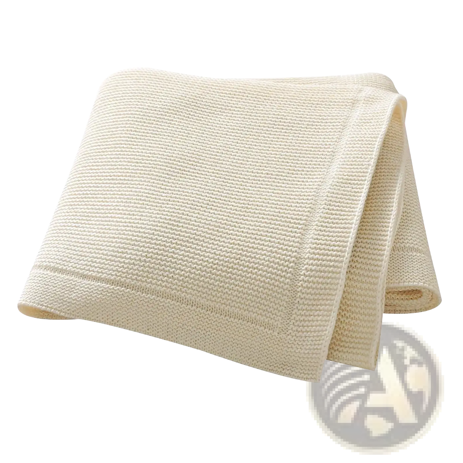 Cream-colored waffle-weave towel with soft texture and finished edges paired with blush pink knitted cotton baby blanket