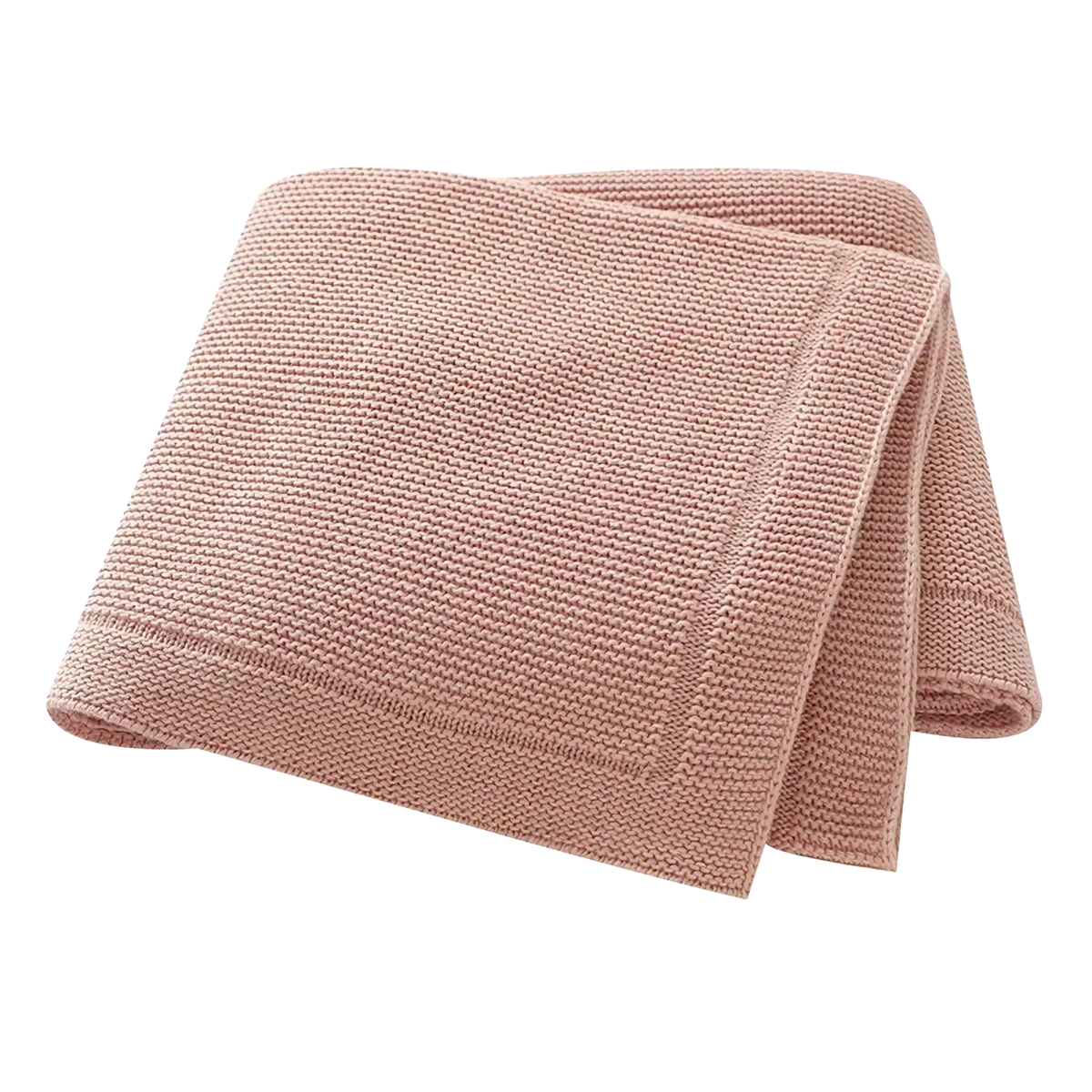 A soft blush pink knitted cotton baby blanket receiving mat with a textured woven pattern and finished edges