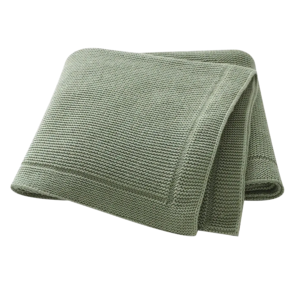 A soft sage green knitted towel with textured weave and finished edges from blush pink knitted baby blanket cotton receiving mat